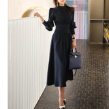 Women Stand Collar Lantern Sleeve Office Dress